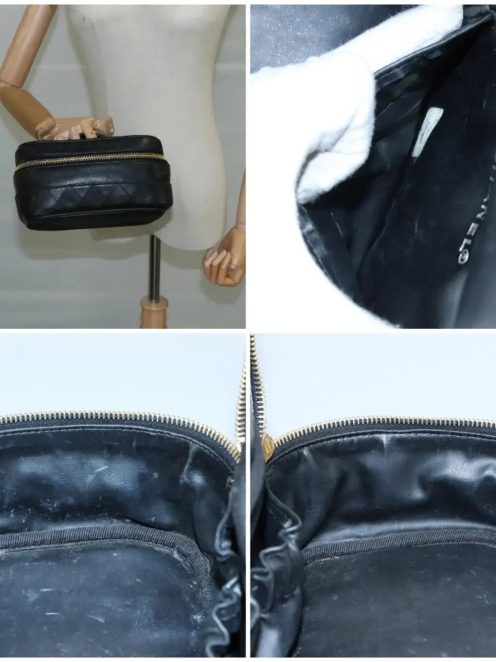 CHANEL Bicolore Vanity Hand Bag Leather Black Gold CC Auth 108585
